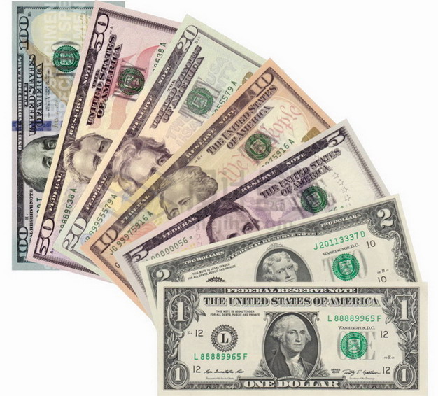 面值从1美元到100美元的美元钞票纸币png图片素材 金融理财-第1张