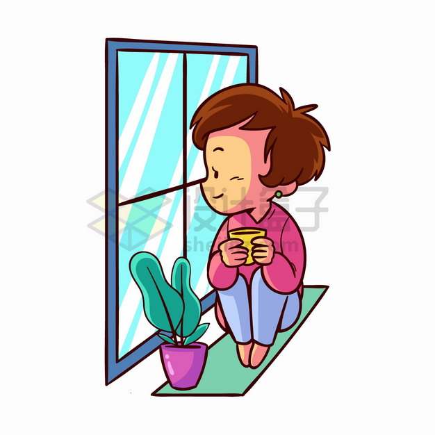 卡通男孩抱着咖啡杯坐在窗户前的窗台上看窗外的风景手绘插画png图片素材