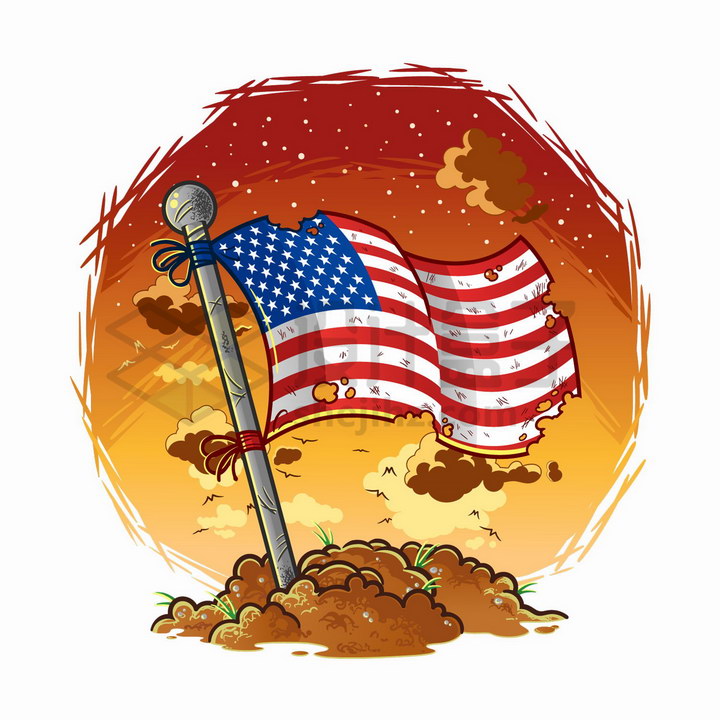 插在地里的美国国旗星条旗破烂不堪卡通漫画png图片免抠矢量素材 党建政务-第1张