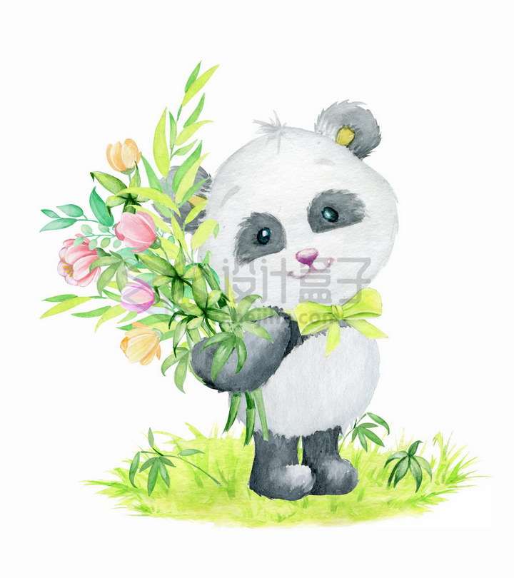 卡通熊猫抱着鲜花站在草地上水彩画彩绘png图片免抠矢量素材