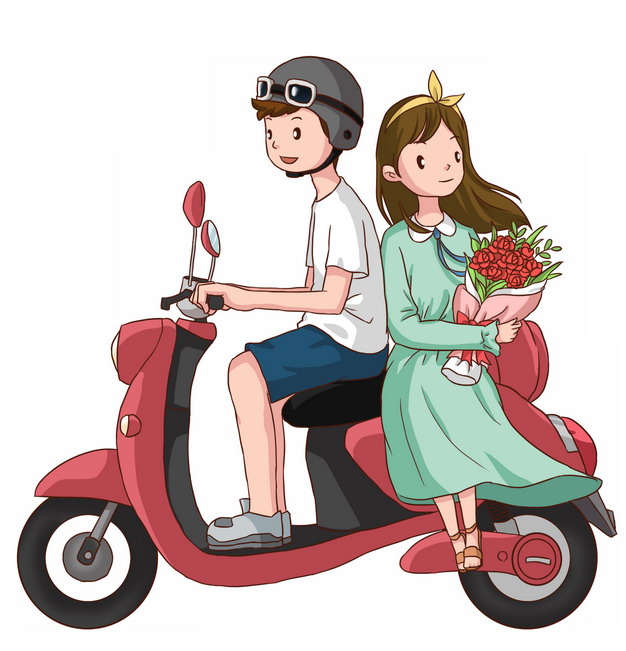 骑电动车带女朋友兜风的卡通男孩情侣png图片素材