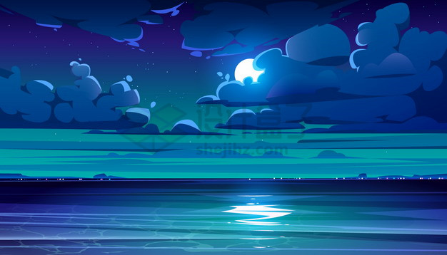 躲在云层中的月亮和大海卡通风景png图片素材 背景-第1张