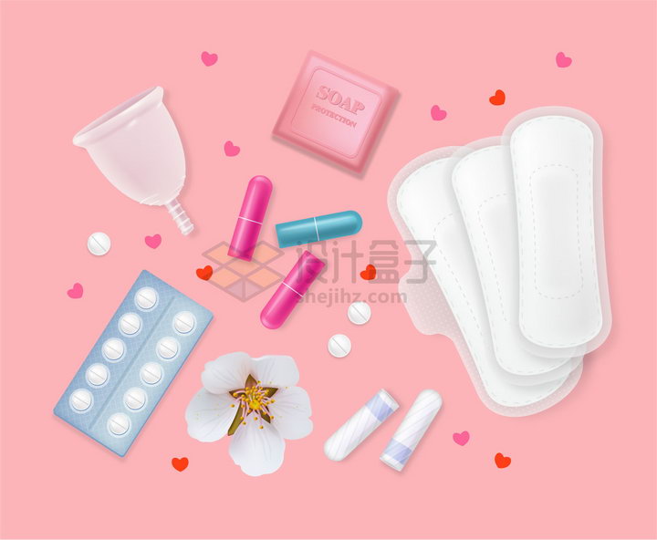 月经杯卫生巾护垫卫生棉条药片花朵和女性生理用品png图片素材 设计盒子