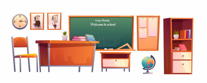 课堂教室里的卡通黑板讲台课桌柜子地球仪等png图片素材 教育文化-第1张