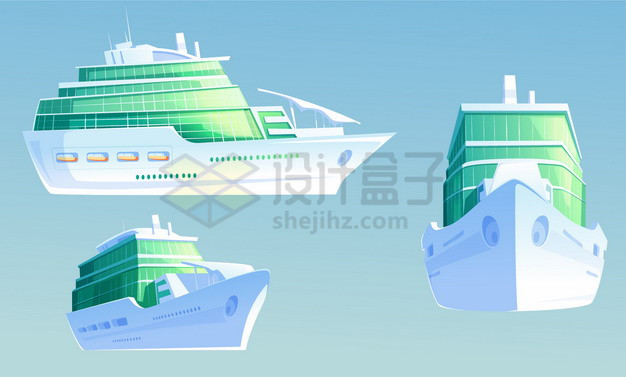 绿色的卡通邮轮游轮轮船三视图png图片素材 交通运输-第1张