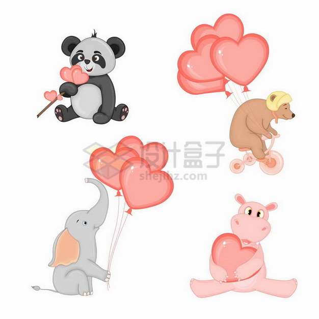 情人节拿着红心心形气球的卡通熊猫小熊大象和河马png图片免抠矢量素材 生物自然-第1张