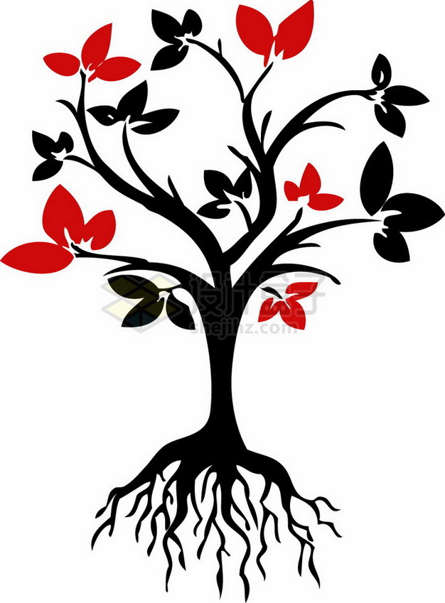 带树根的大树剪影和红色树叶png免抠图片素材 生物自然-第1张