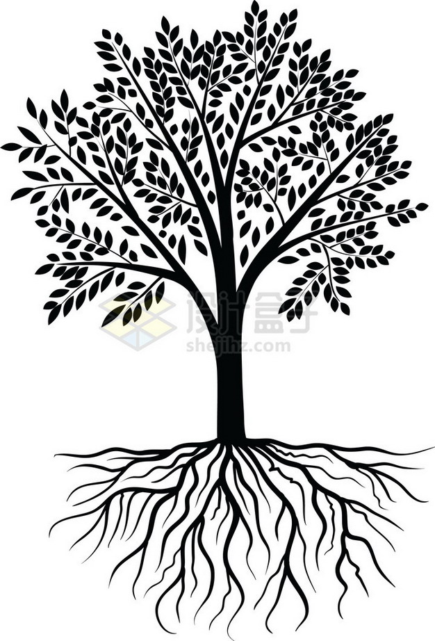 带树根的黑色大树插画png免抠图片素材