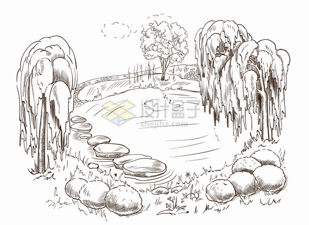 池塘和垂柳树风景手绘线条素描插画png图片素材 插画-第1张