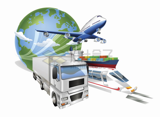 从地球上飞出的飞机卡车高铁和货轮物流快递行业png图片素材 交通运输-第1张