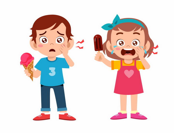 卡通小男孩小女孩吃冰淇淋冰棒等冷饮就牙疼png图片免抠矢量素材 人物素材-第1张