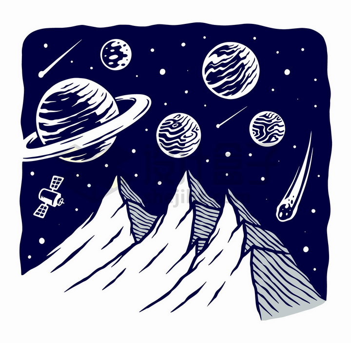 抽象高山和宇宙星球手绘插画png图片免抠矢量素材 插画-第1张
