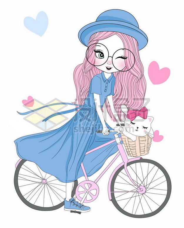 蓝色连衣裙手绘卡通少女骑着粉红色自行车png图片素材 人物素材-第1张