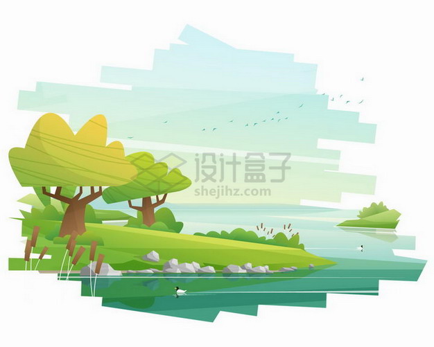 卡通河流草地和大树风景插画png图片素材 生物自然-第1张