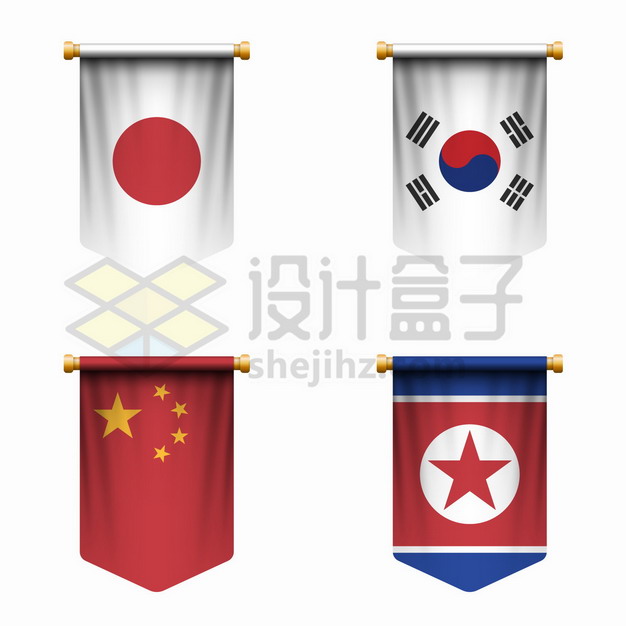 悬挂的日本韩国中国朝鲜国旗三角旗png图片素材 设计盒子