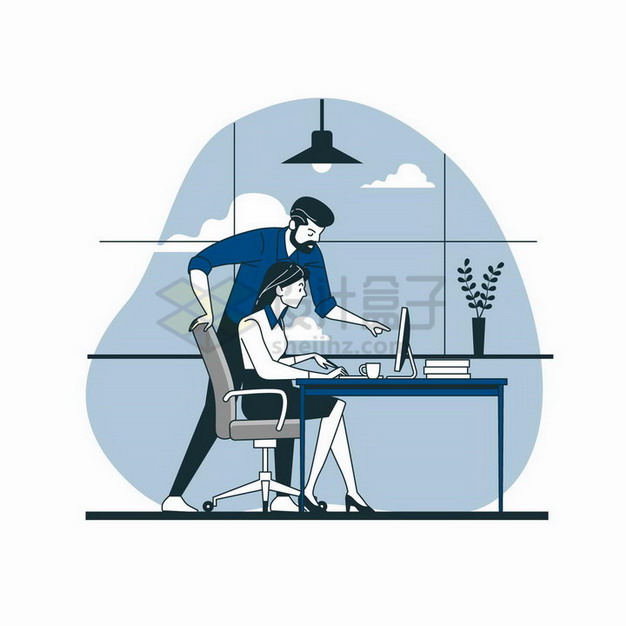 卡通男子在电脑前指导女人工作扁平插画png图片素材 插画-第1张