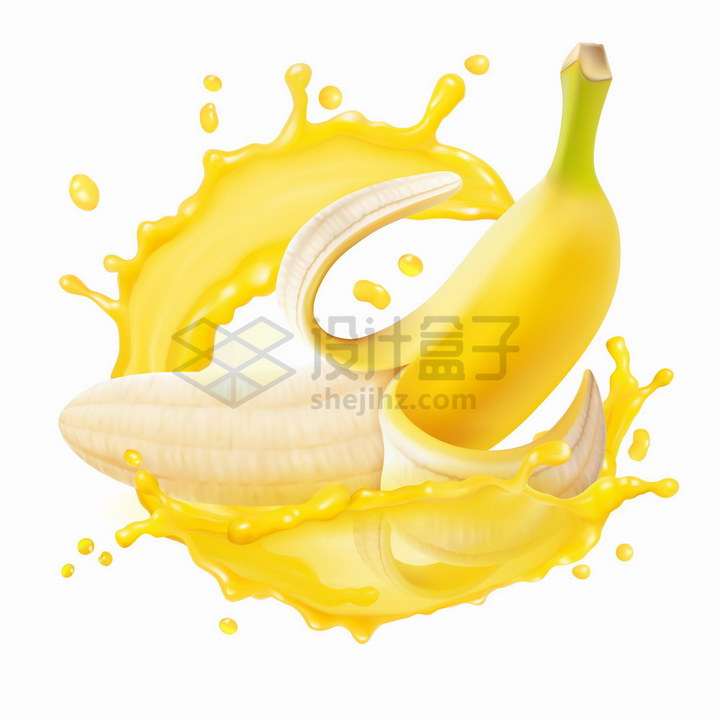黄色的香蕉果汁包裹着一根剥开皮的香蕉美味水果png图片免抠矢量素材