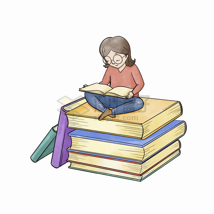 彩绘世界读书日坐在书本上看书的女孩png图片免抠矢量素材