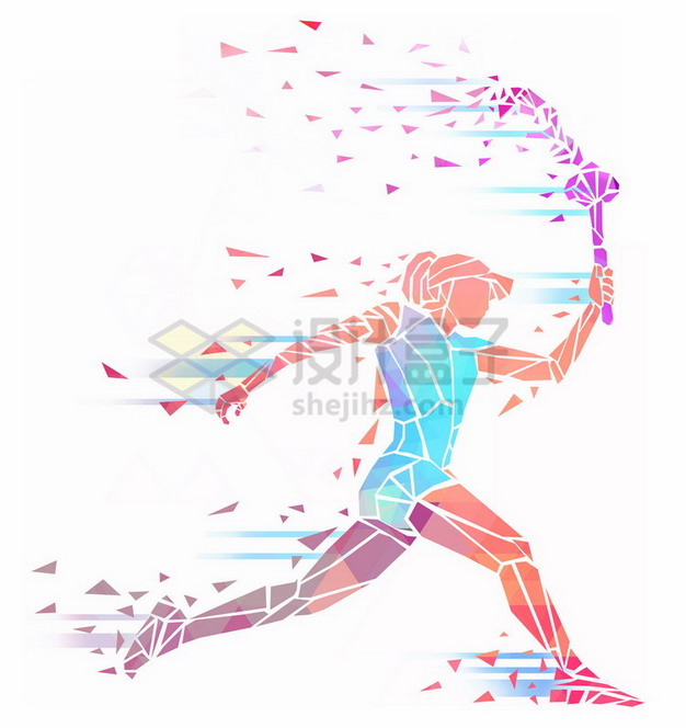 彩色碎片组成拿着火炬奔跑的女人抽象体育插画png免抠图片素材 人物素材-第1张