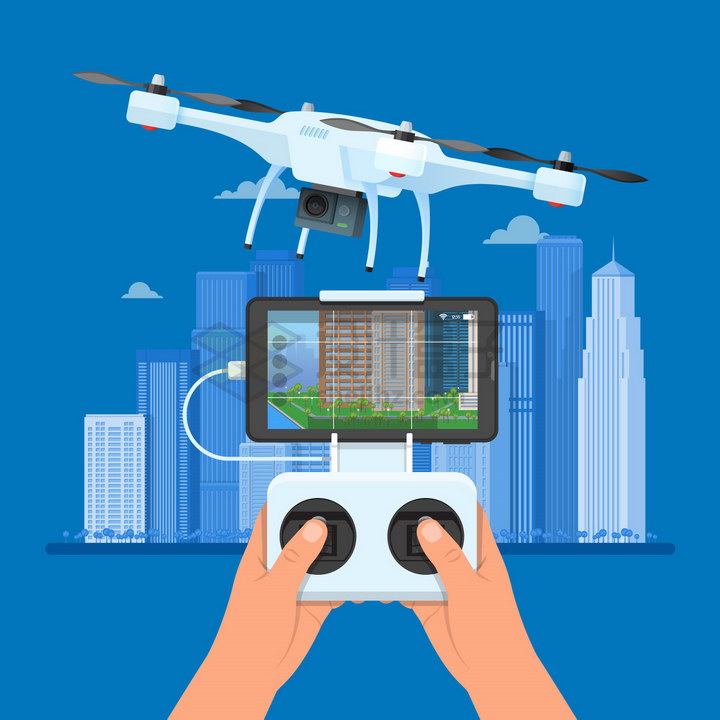 一只手拿着遥控器控制一家无人机飞行在城市的上空png图片免抠矢量素材 IT科技-第1张
