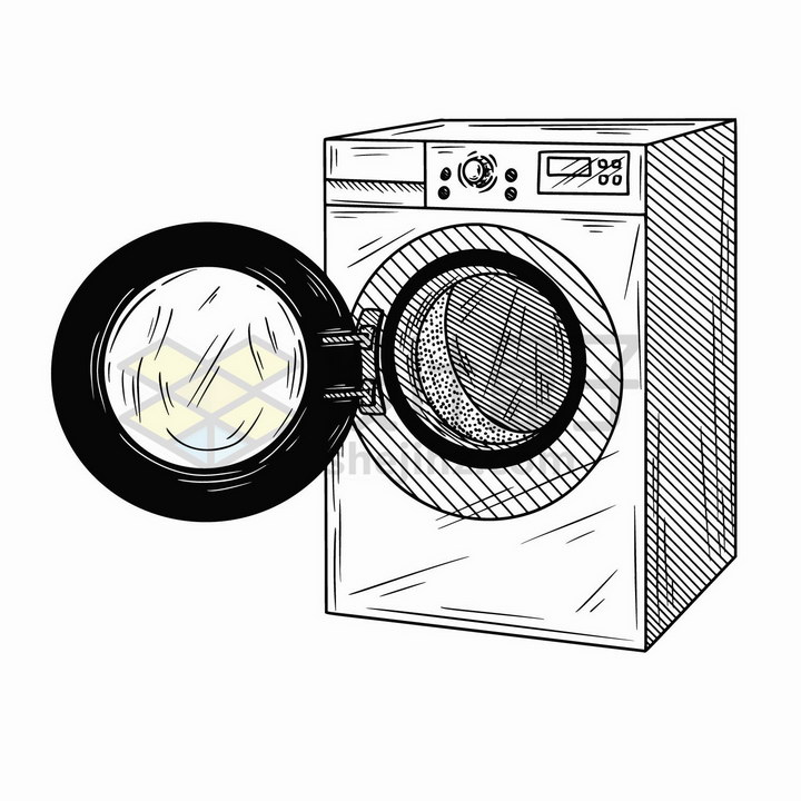 手绘素描风格打开的滚筒洗衣机家用电器png图片免抠矢量素材 生活素材-第1张