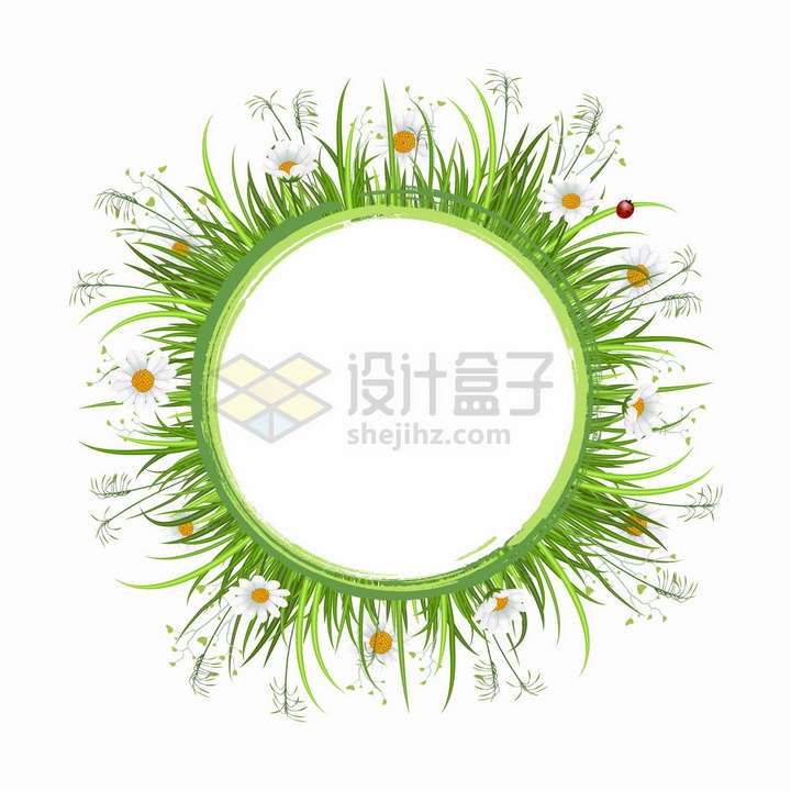 翠绿色青草和雏菊花朵狗尾巴草装饰的圆形文本框标题框png图片免抠矢量素材