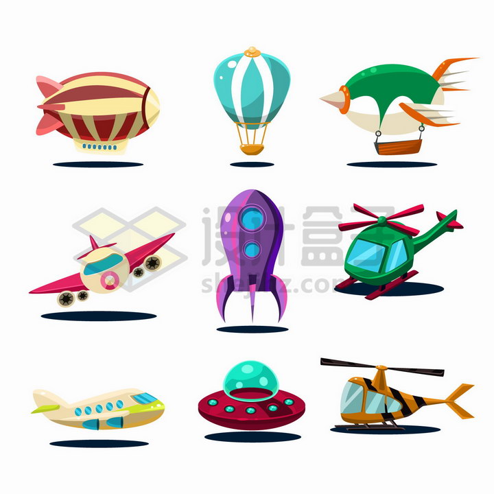 9款卡通风格飞艇热气球飞机火箭直升飞机和UFO飞碟等png图片免抠矢量素材 交通运输-第1张