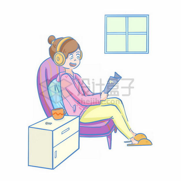 卡通女孩戴着耳机坐在沙发上看书png免抠图片素材 教育文化-第1张