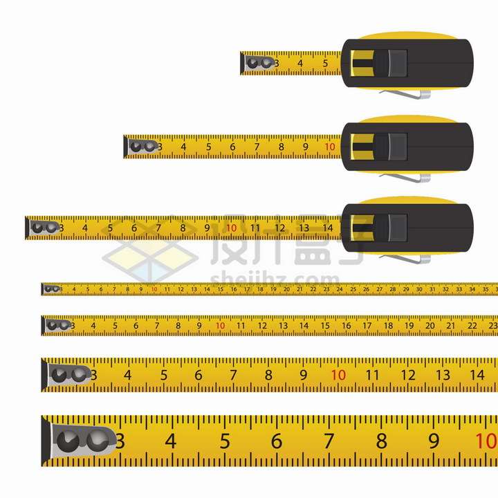 各种长短不一的黄色钢卷尺测量工具png图片免抠矢量素材
