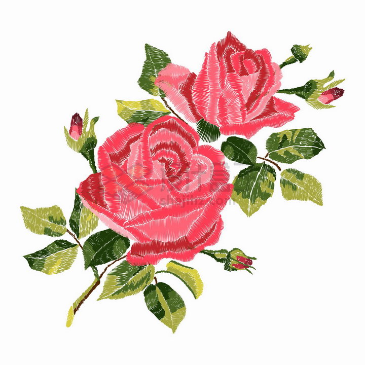 彩色线条勾勒的红色玫瑰花和绿色叶子png图片免抠矢量素材 生物自然-第1张