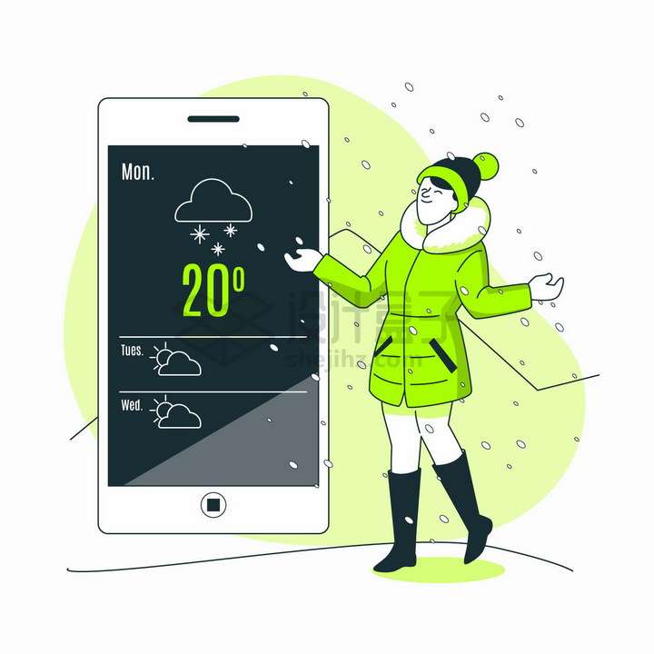 冬天在手机上查看天气预报的女人扁平插画png图片免抠矢量素材