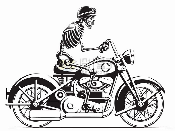 人体骷髅骑着摩托车手绘插画png图片免抠矢量素材