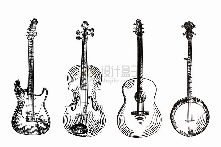 贝斯大提琴吉他弦乐器等手绘素描西洋乐器png图片免抠矢量素材 休闲娱乐-第1张