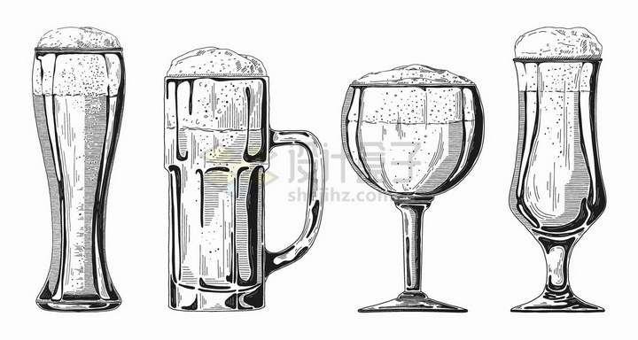 手绘素描风格不同造型的啤酒杯png图片免抠矢量素材