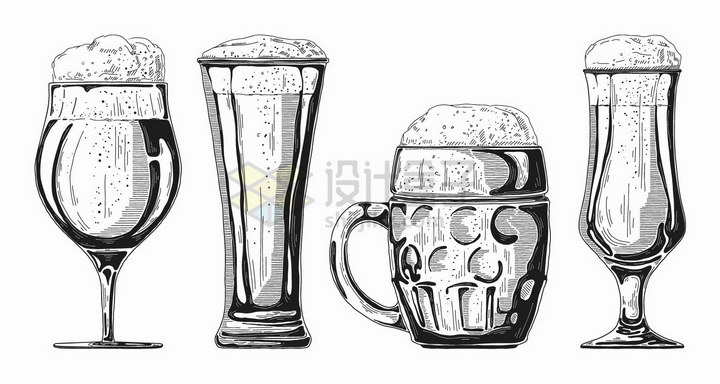 手绘素描风格4款冒着啤酒花的啤酒杯png图片免抠矢量素材 生活素材-第1张