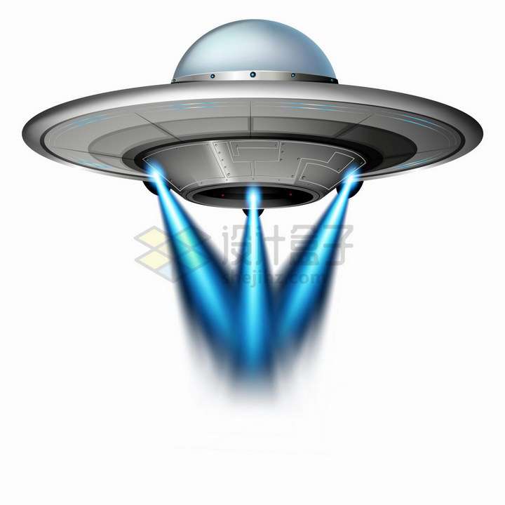 银灰色的飞碟UFO发出蓝色光芒png图片免抠矢量素材