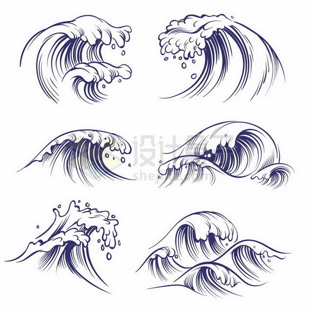 6款蓝色手绘素描风格海浪波浪png图片免抠矢量素材 装饰素材-第1张