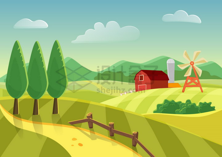 卡通风格漂亮的农场农田农舍大风车风景图png图片免抠矢量素材 生物自然-第1张