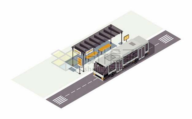2.5D风格公交站台和公交车png图片素材