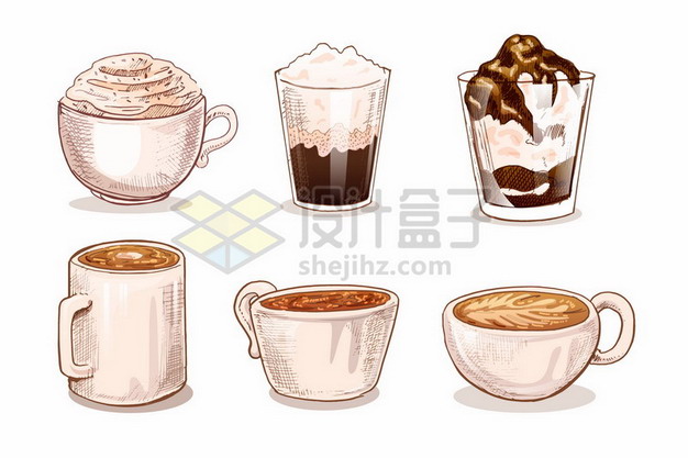 6款手绘彩绘风格咖啡杯奶茶饮料插画525356 png图片素材 生活素材-第1张