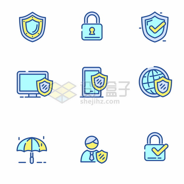 蓝绿色MBE风格防护盾挂锁等网络安全icon图标png图片矢量图素材