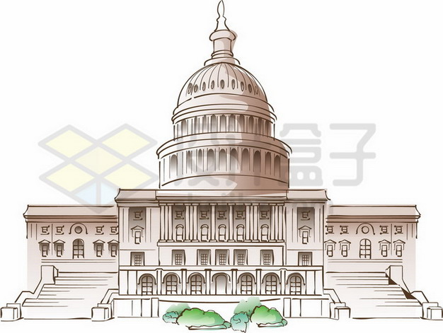 素描彩绘风格美国国会山国会大厦png图片素材 建筑装修-第1张