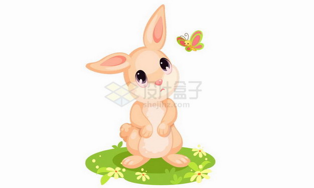 在草地上和蝴蝶嬉戏的卡通小兔子png图片免抠矢量素材 生物自然-第1张