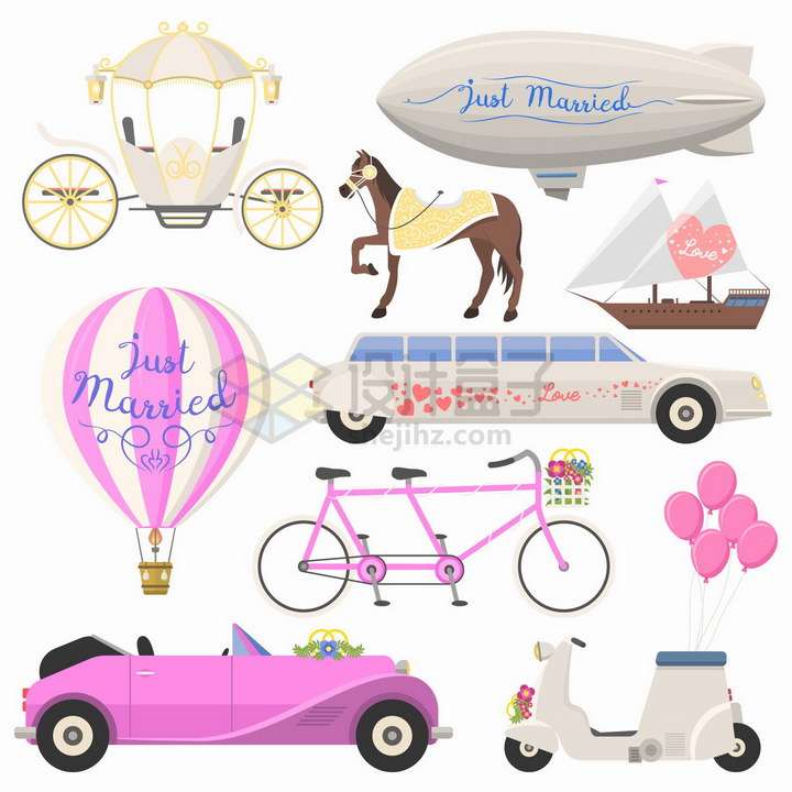 马车飞艇热气球粉色婚车等结婚用品png图片免抠矢量素材