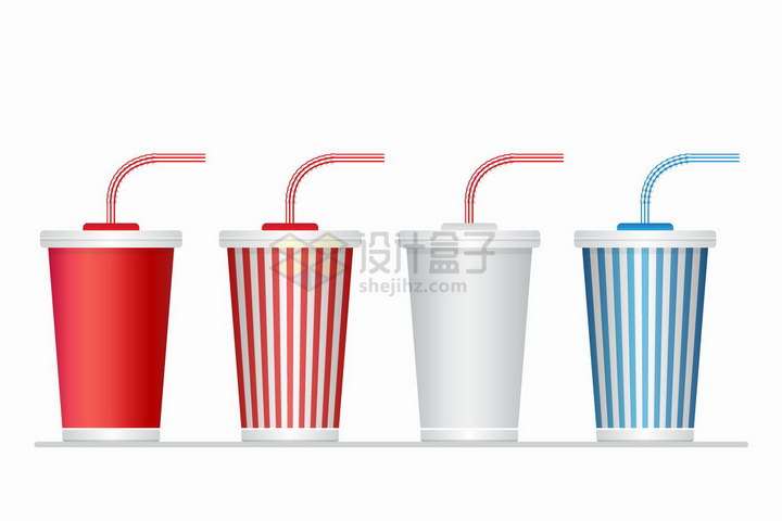 带吸管的4种颜色一次性咖啡杯png图片免抠矢量素材