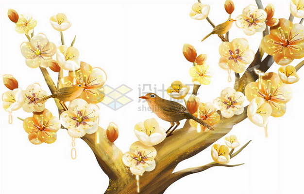 枝头上的金色桃花和小鸟png免抠图片素材 生物自然-第1张