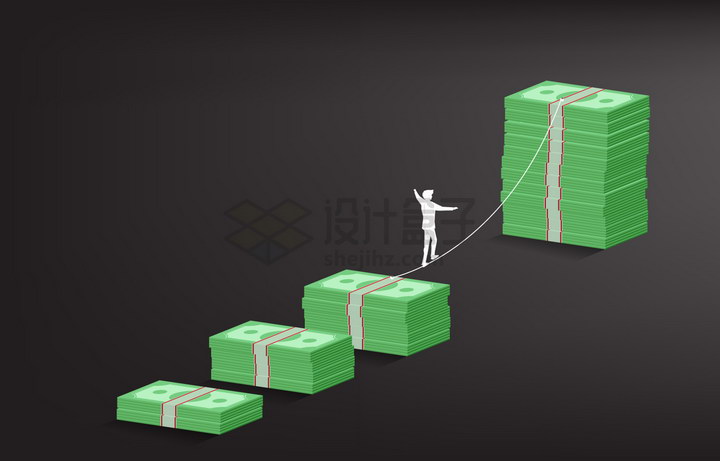 在美元钞票之间走钢丝的商务人士象征了投资经营的风险和挑战png图片免抠矢量素材 金融理财-第1张