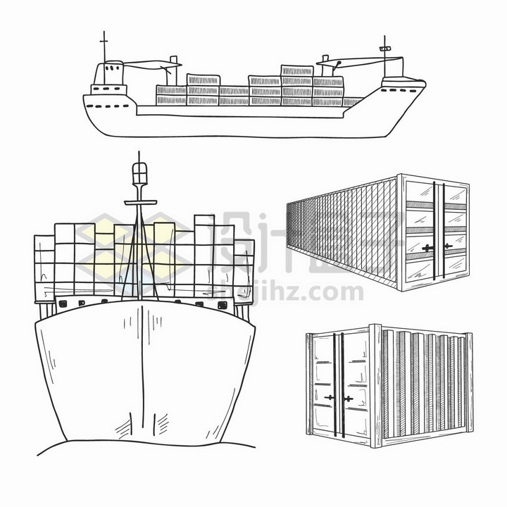 手绘素描风格装满集装箱的货轮海上运输轮船png图片免抠矢量素材 交通运输-第1张