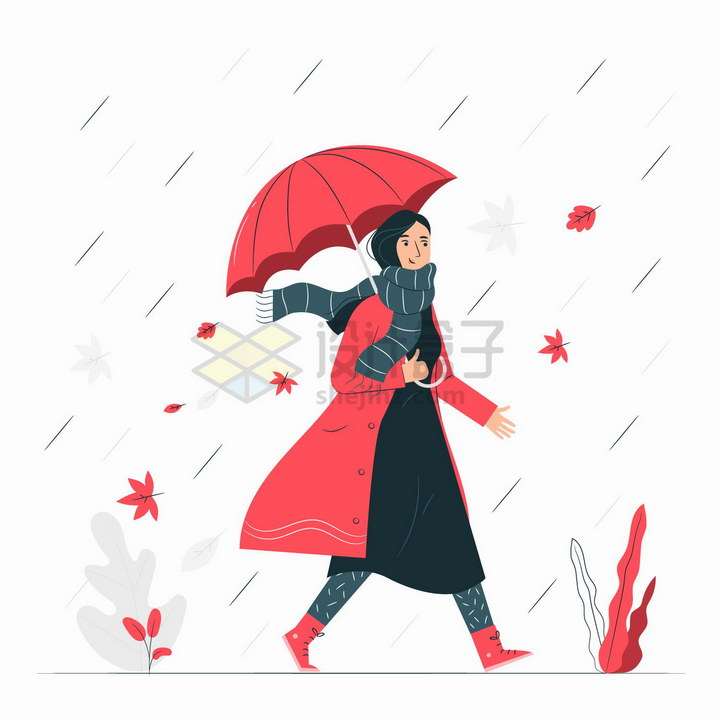 秋天打着雨伞的红衣女孩扁平插画png图片免抠矢量素材