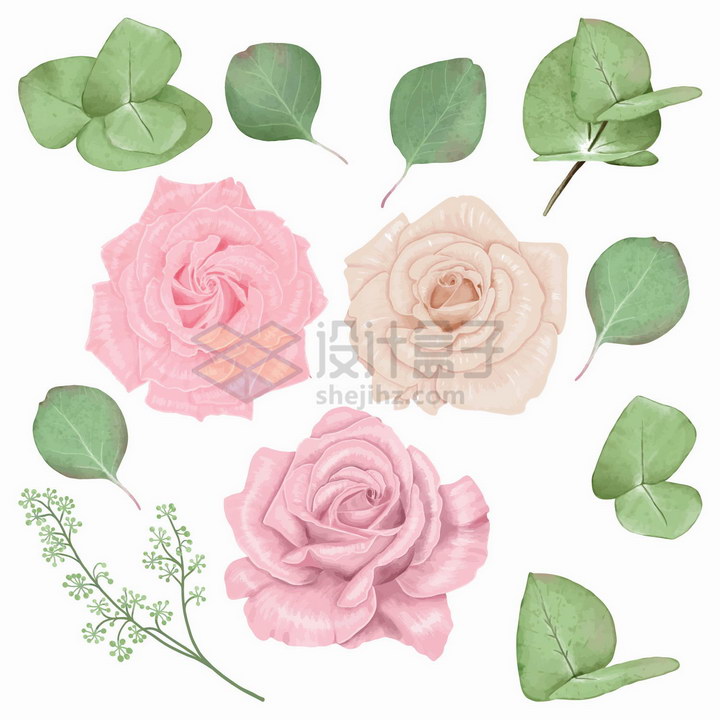 粉红色和淡黄色的玫瑰花花朵以及叶子png图片免抠矢量素材 生物自然-第1张